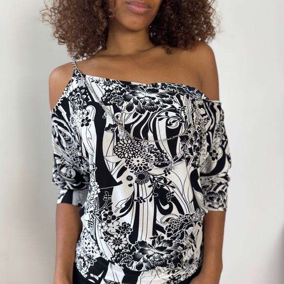 Vintage Italian Print Slinky One-Shoulder Top with Chain Strap (S) - Picture 2 of 10